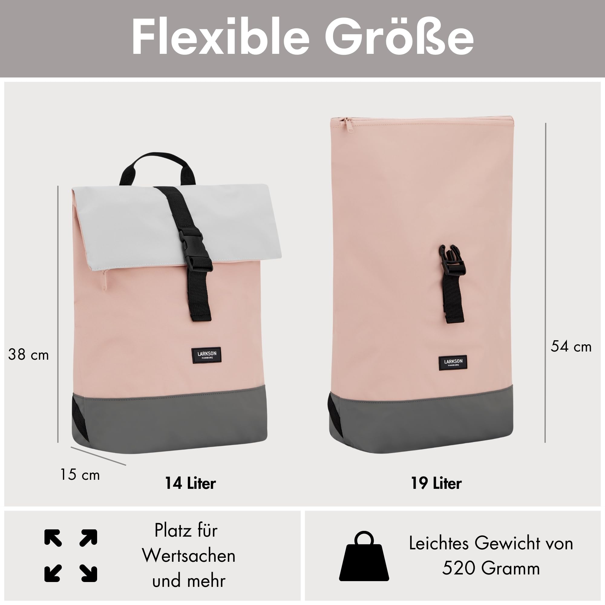 LARKSON Rucksack Damen & Herren Rosa - Tammo - Rolltop Daypack für Arbeit Uni Fahrrad - Backpack mit 16 Zoll Laptop Fach - Rückenpolsterung & Wasserabweisend