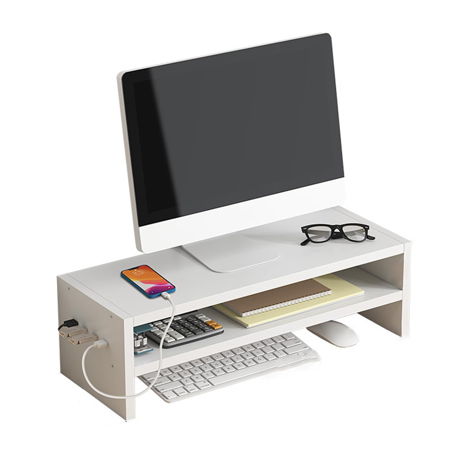 Supporto Monitor Scrivania,Supporto Monitor,Rialzo Monitor,Supporto per Monitor in Legno,Supporto Monitor da Scrivania,Supporto Monitor Scrivania USB,Ergonomico,per Laptop,Computer