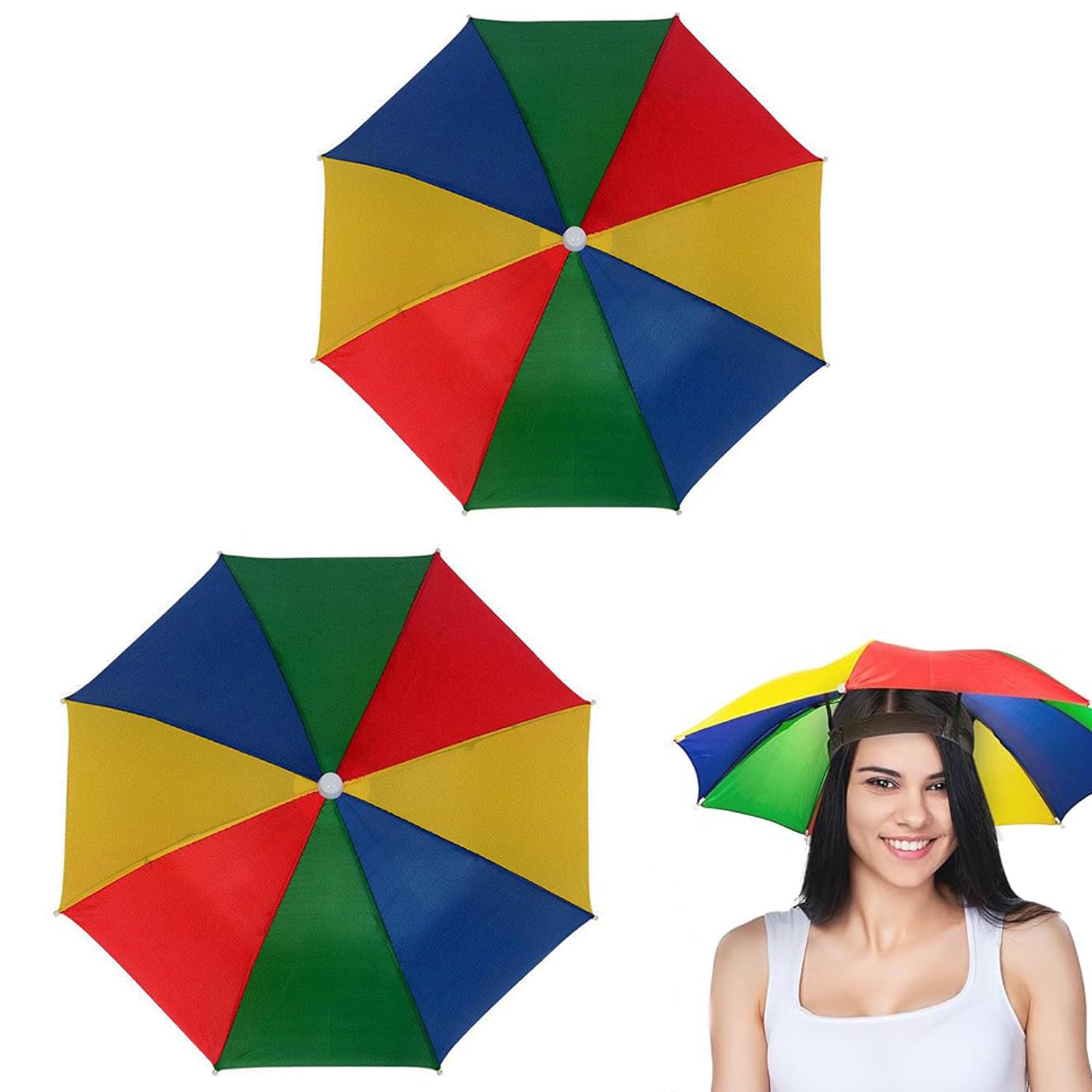 Rainbow Umbrella Hat 2-Pack with Elastic Bands - 20-Inch Head Cover for Adults and Kids, Outdoor Activities Protection