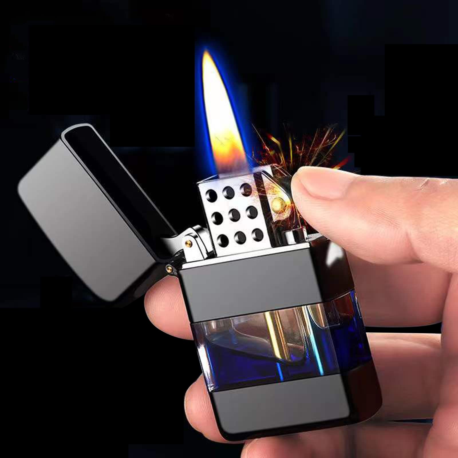 Trench Lighter with Soft Flame, Windproof Vintage Antique Cigarette Lighter with Transparent Container, Kerosene Lighter with Flint Ignition for Smoking Gift(not Include Kerosene)