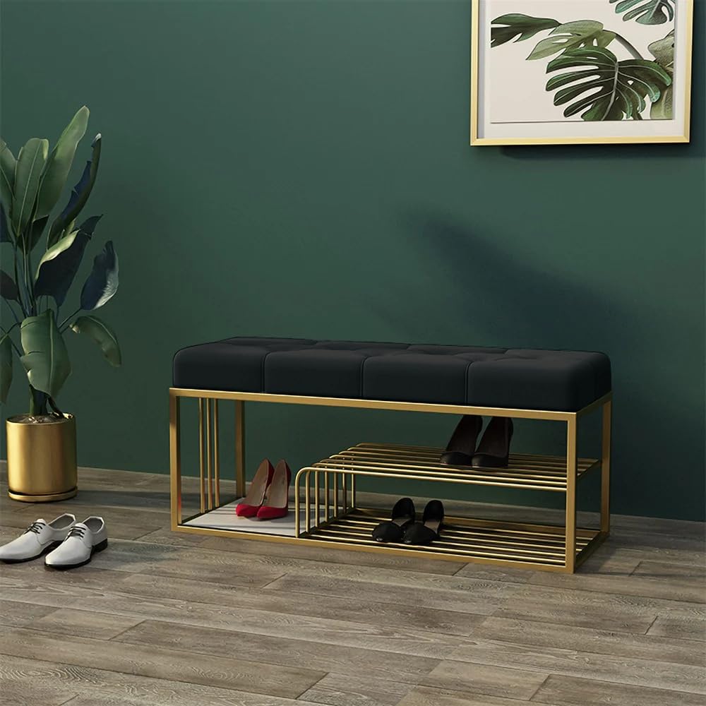 Dence Store End of Bed Bench-Upholstered Entry Shoe Storage with Nailhead Trim,Black Mental Frame Ottoman Bench for Bedroom Entry Window Mudroom Living Room (Black Gold)