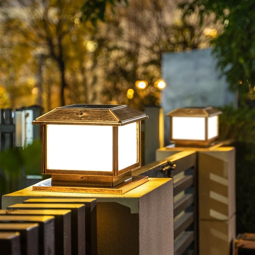 Nowoczesne lampy solarne na słupki, odporne na deszcz, oświetlenie na słupki ogrodzeniowe z akrylowym kloszem, do ogrodu i na patio(Brass,X-Large)