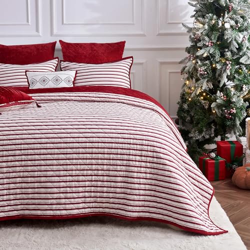 Image of Wonderful Christmas Cotton Stripe Quilt 5-Piece Set,King Luxury Red Velvet Quilt Set,All-Season Breathable Bedding with 2 Elegant Cushions,Versatile for Bedroom, Fit for Adults, Teens & Kids,104 inchx94 inch