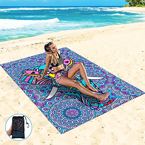 Sand Proof Beach Blanket Sand Proof Mat with Corner Pockets and Mesh Bag for Beach Party,Travel,Camping, Elephant