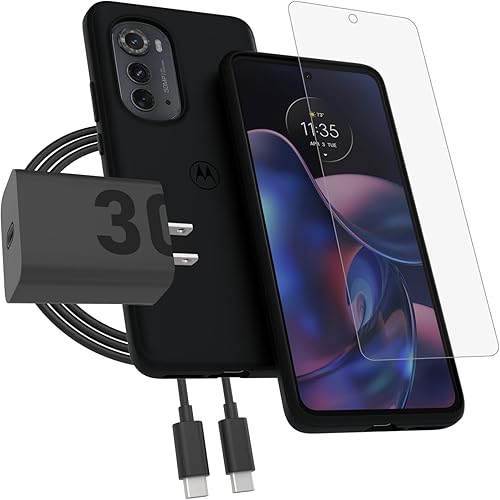 Motorola Edge (2022) Funda protectora negra suave + protector de pantalla de vidrio 9H + cargador TurboPower de 30 W y cable USB-C de 3.3 pies (no