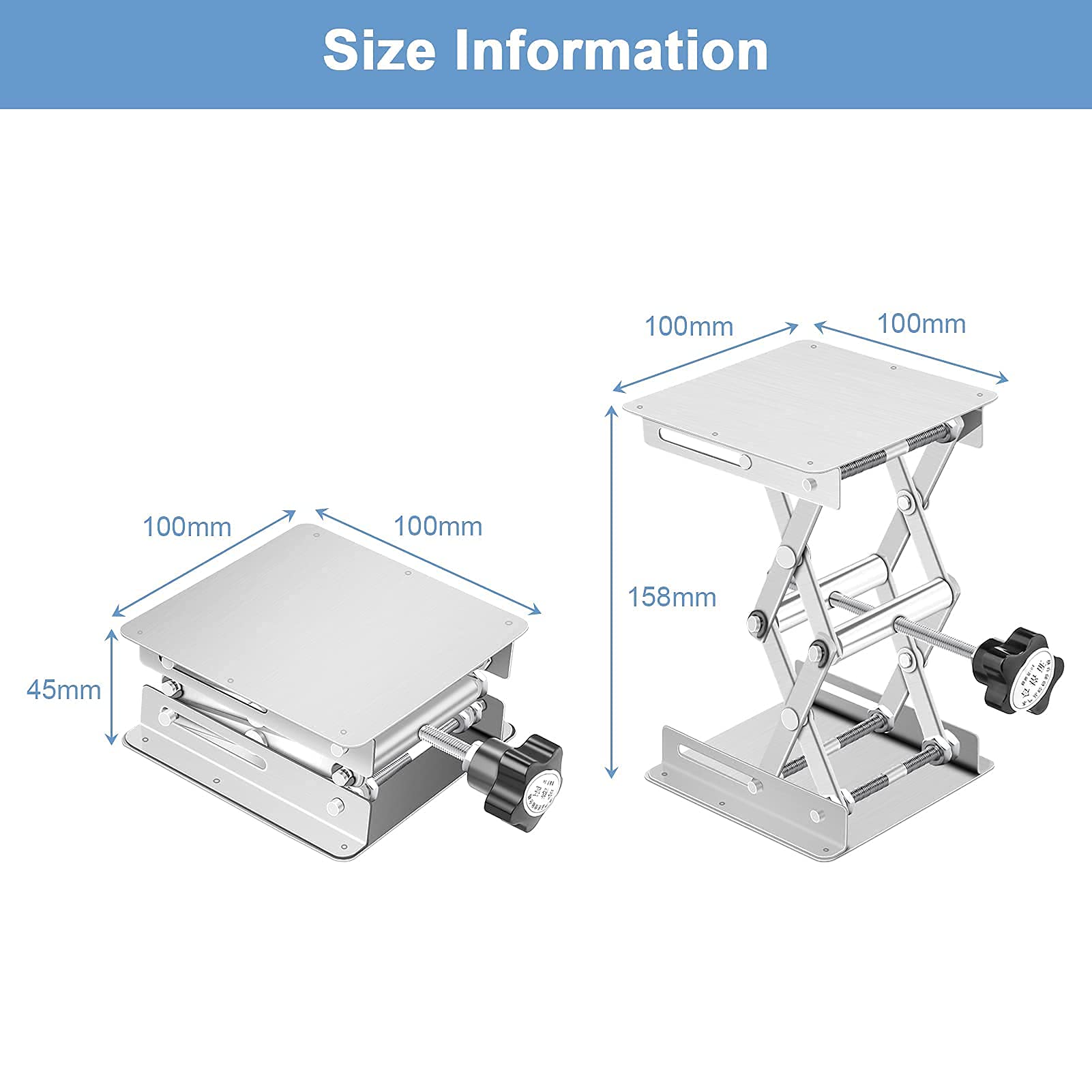 Lab Hebebühne Plattform – Verstellbar, 100x100 Mm, Hub 16 Cm, Tragkraft 5 Kg, Aus Eloxiertem Aluminium