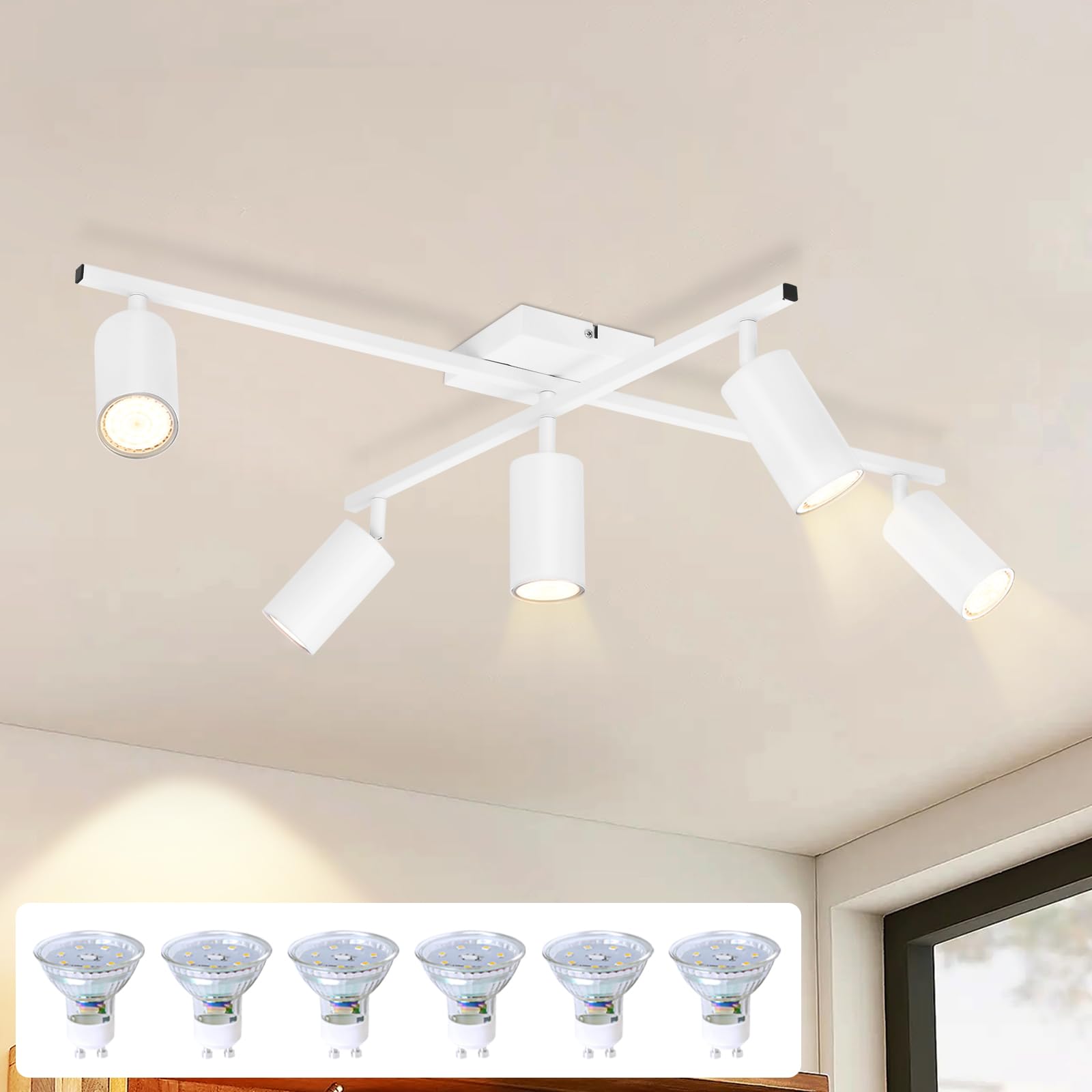 LED Deckenstrahler Weiß Spots Deckenleuchte 5 Flammig Deckenspots | Küche 350°Schwenkbar modern Deckenlampe Strahler Wohnzimmerlampe Industrial für Esszimmer inkl. 6 × GU10 3000K Leuchtmittel