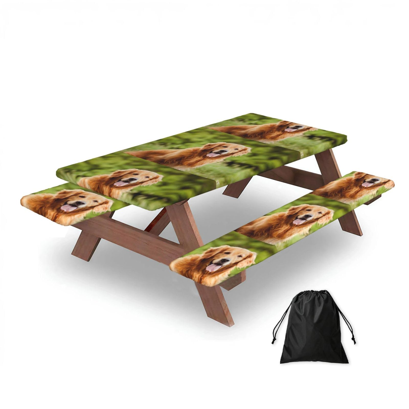 Golden Retriever Dog, Picnic Table Cover With Bench Covers -Waterproof Elastic Fitted Tablecloth for Garden Camping Patio 76x152cm