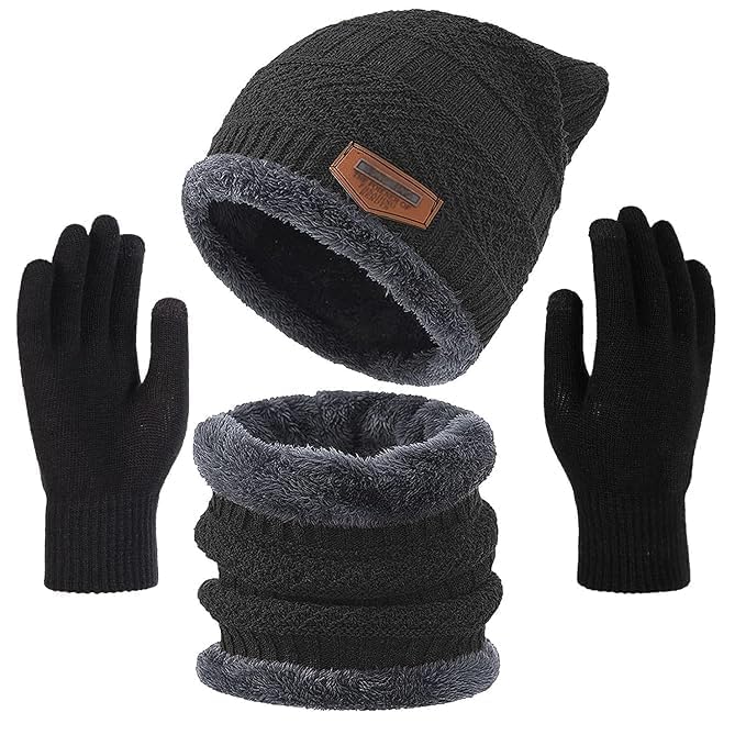 Winter Warm 3-in-1 Knitted Beanie Set with Neck Warmer and Touch Screen Gloves, Black Fleece-Lined Winter Accessories for Men and Women, Cold Weather Outdoor Sports Gear-picture-47