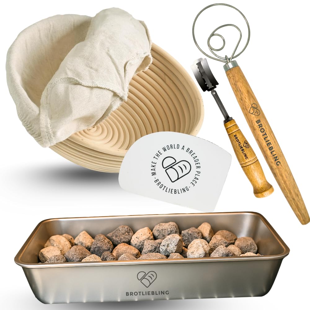 Dampfschüssel Brotback-Starter Set mit Dampfschüssel mit Lavasteinen, Gärkörbchen aus 100% natürlichen Rattan, Bäckermesser, Teigrührer und Teigkarte