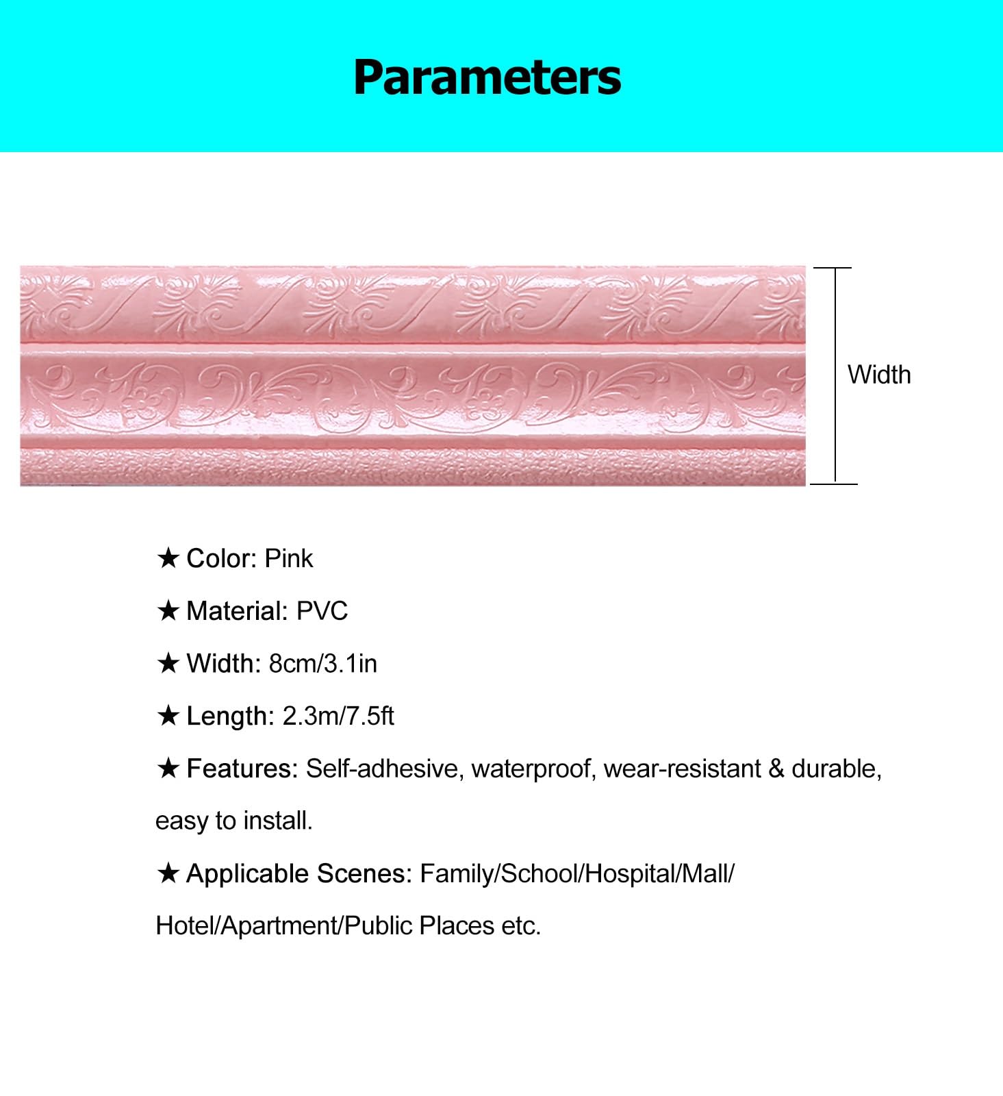 Battiscopa 10 pezzi 7,5 piedi di lunghezza per modanatura per battiscopa per la casa, impermeabile autoadesiva per modanatura per base a parete in PVC per cornice fotografica girovita(Pink)