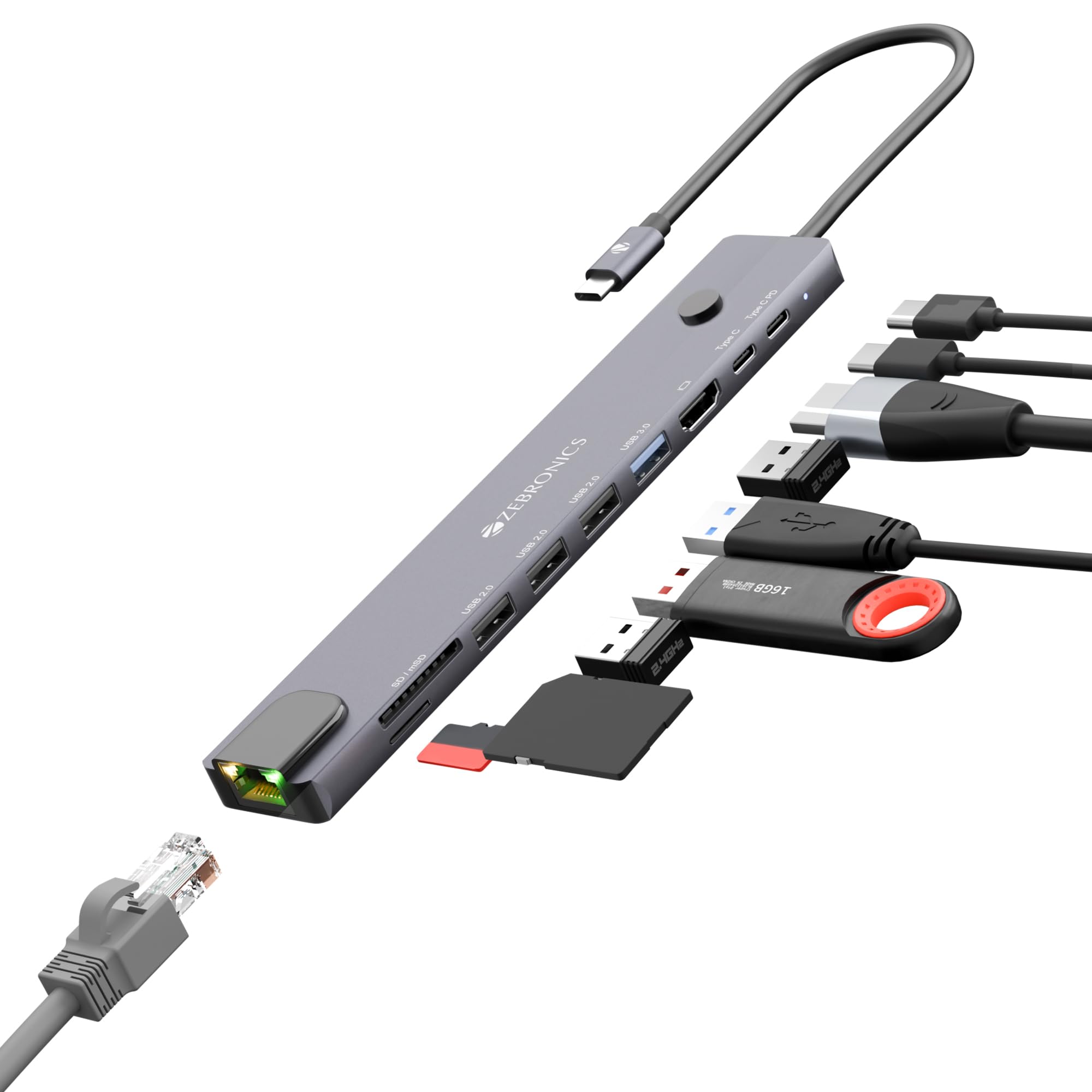 Zebronics 10-in-1 Type-C Multiport Hub, 100W PD Support, 5Gbps Data Transfer, HDMI 1.4 (4K@30Hz) with On/Off Button, USB 3.0, RJ45, SD, mSD, Metal Body, LED Indicator (CT101 Plus)-image-33