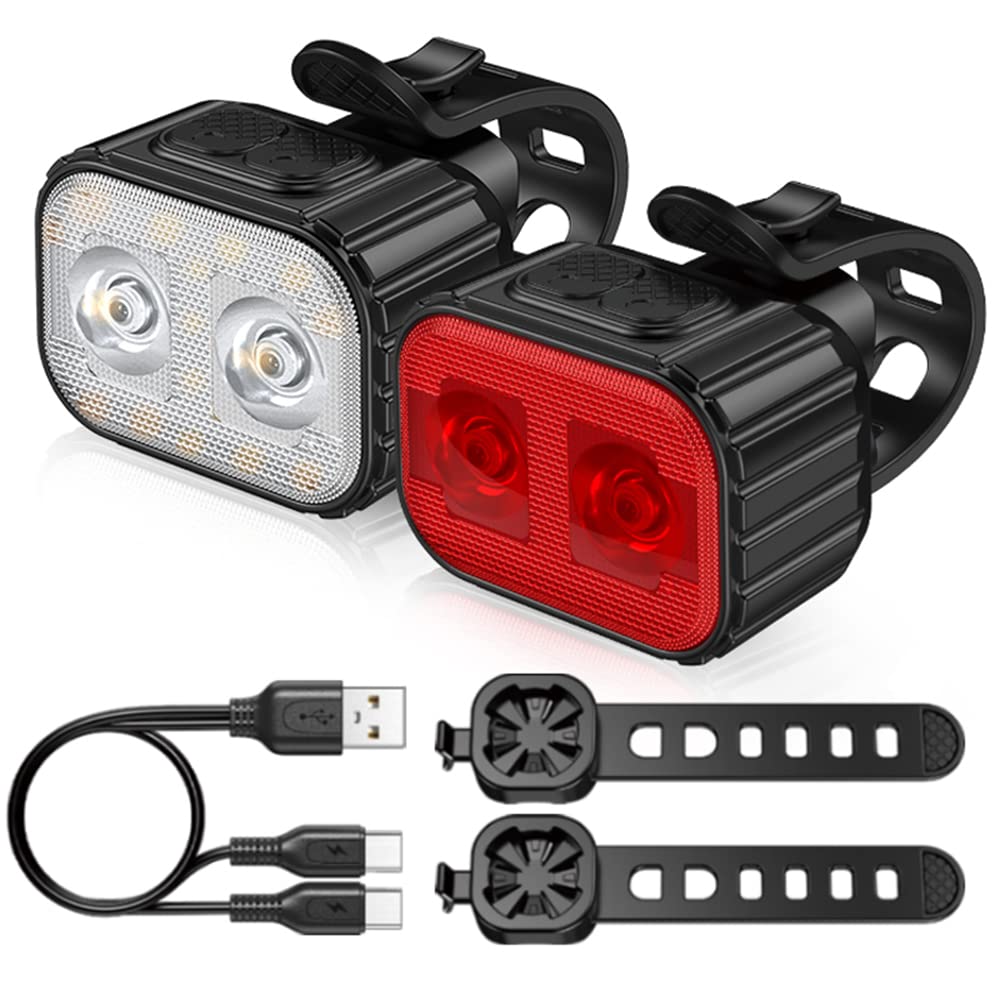 TIORU 1 Paio di Luci per Bici Q4 LED Bicicletta Anteriore Posteriore Luce USB Carica Faro Ciclismo Fanale Posteriore Bicicletta Lanterna Accessori per Biciclette Lampade
