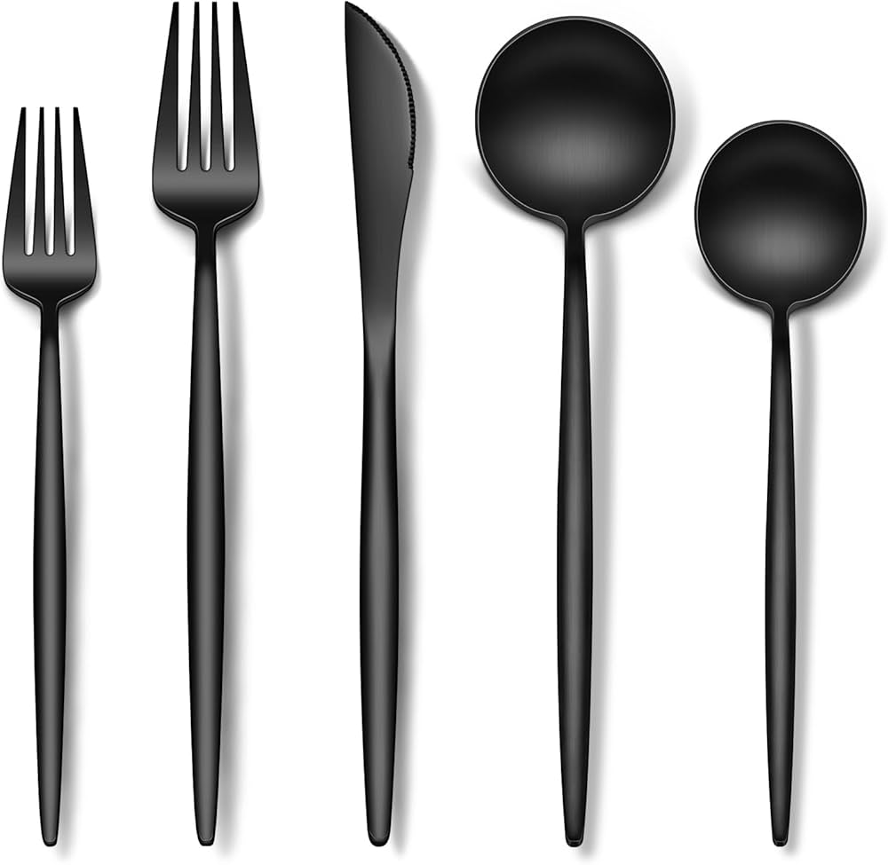Stapava 60-Piece Matte Black Silverware Set, Stainless Steel Flatware Set for 12, Satin Finish Tableware Cutlery Utensils Set, Include Forks Spoons and Knives Set for Home Restaurant, Dishwasher Safe