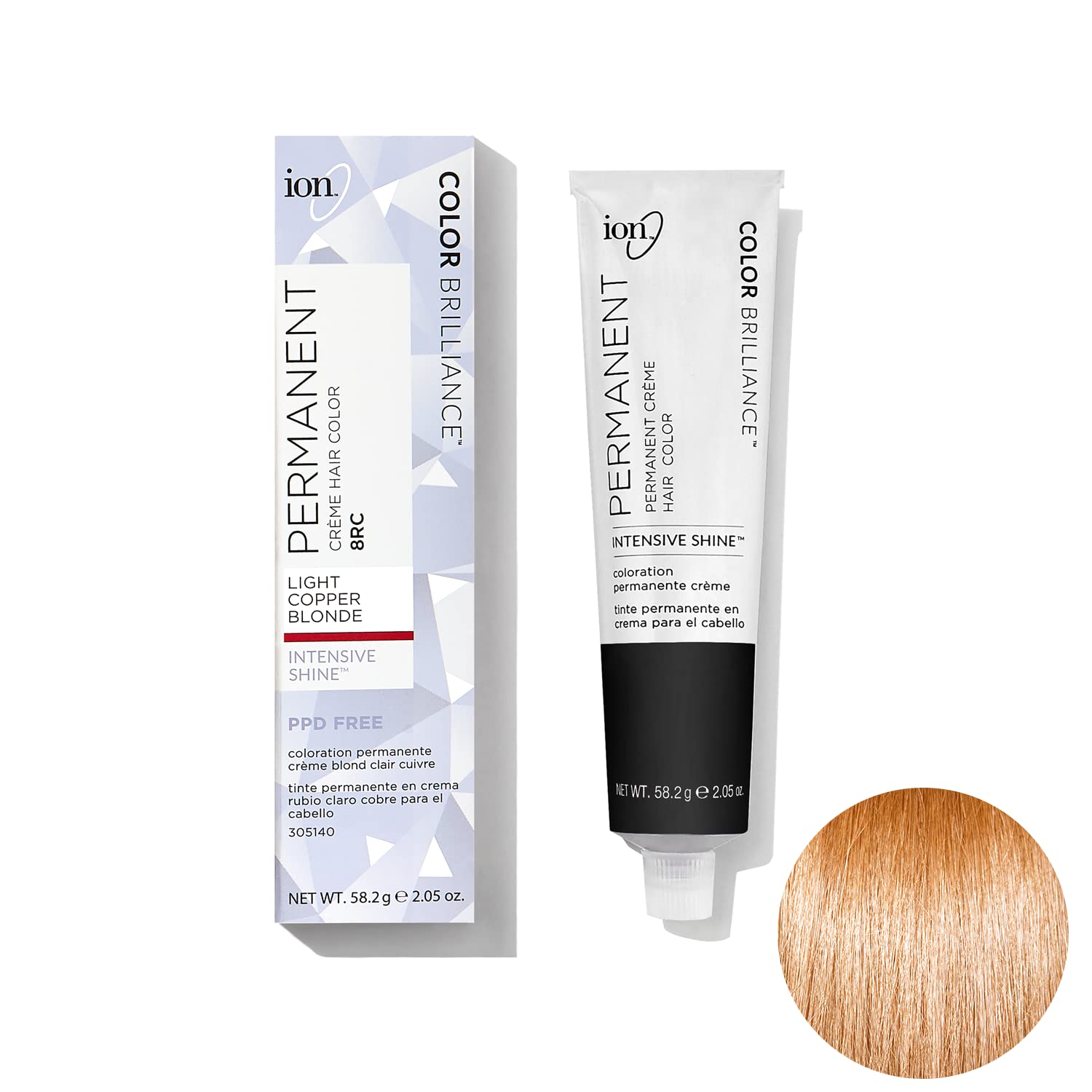ion Permanent Creme Hair Color 8RC Light Copper Blonde, Vegan, Cruelty Free, PPD Free, 100% Gray Coverage, LongLasting, FadeResistant Color, 2.05 oz