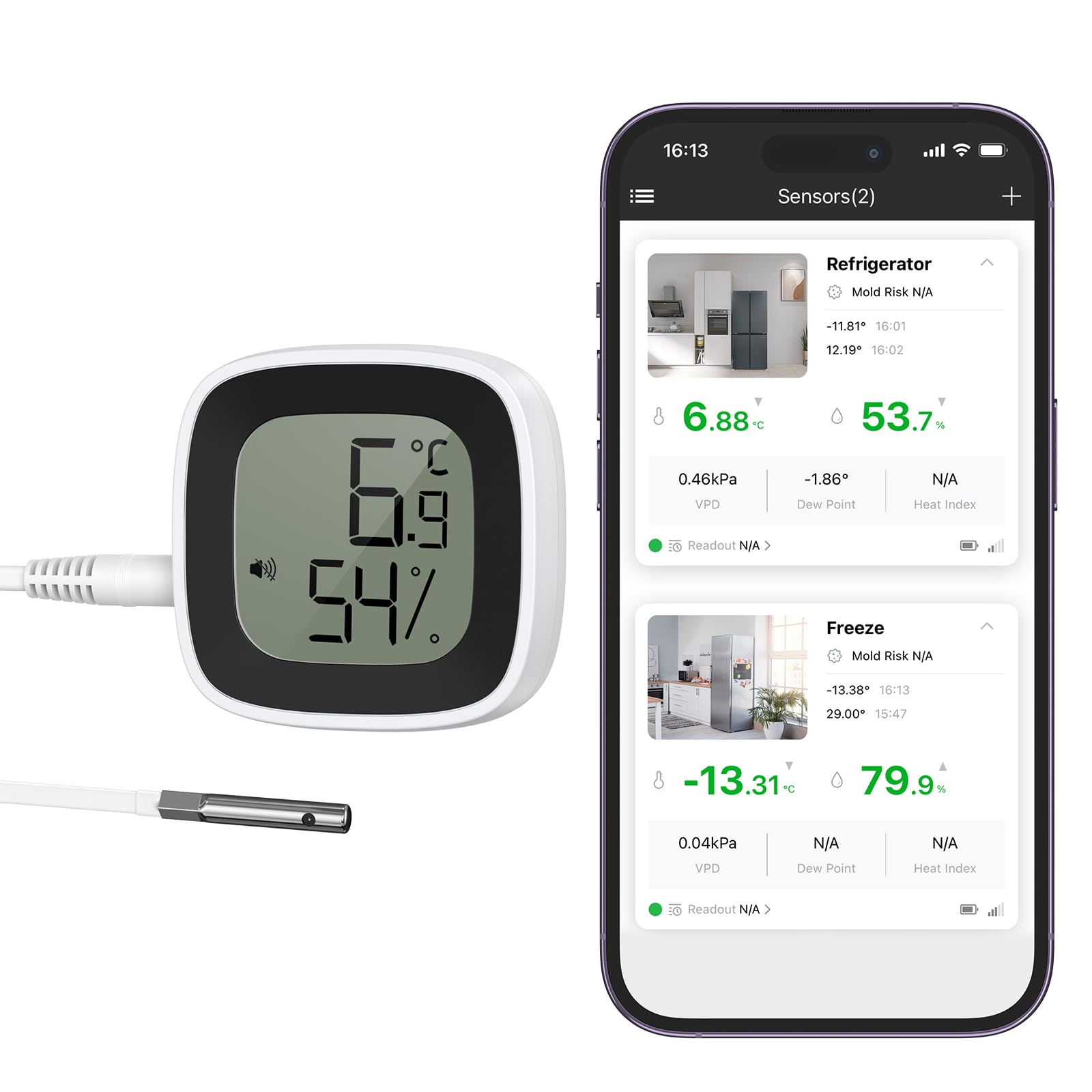 BrifitBluetooth Refrigerator Thermo-hygrometer with Probe, Smart Room Temperature Humidity Sensor, Digital Fridge Thermometer with APP Control, History Record & Data Export, for Freezer, Room