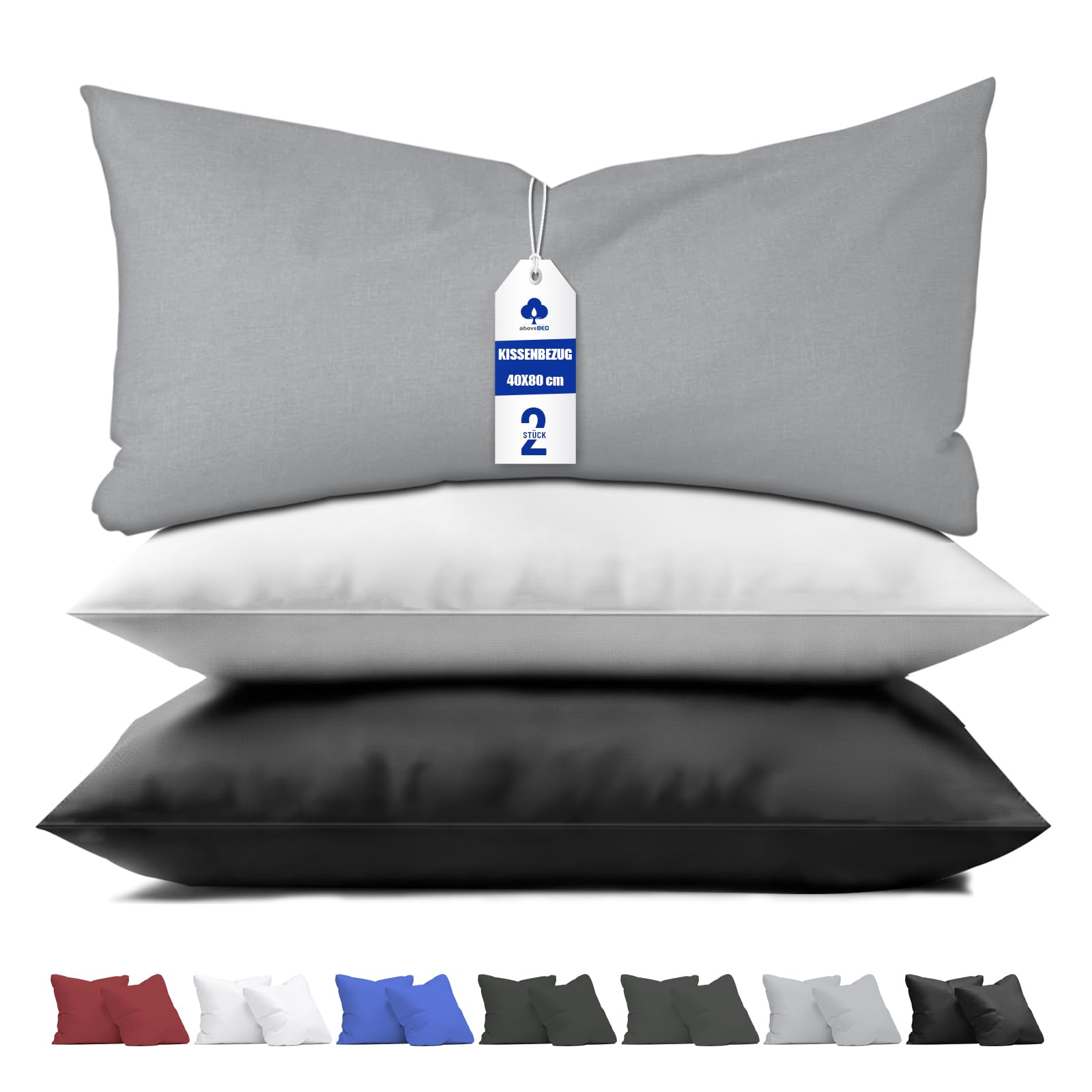 aboveBED Kissenbezug 40 x 80 (2er-Set), Hellgrau, Kopfkissenbezu1g 40x80 cm aus 100% Mikrofaser, Kissenbezug mit Reißverschluss, Weich und Atmiungsaktiv, Waschbare