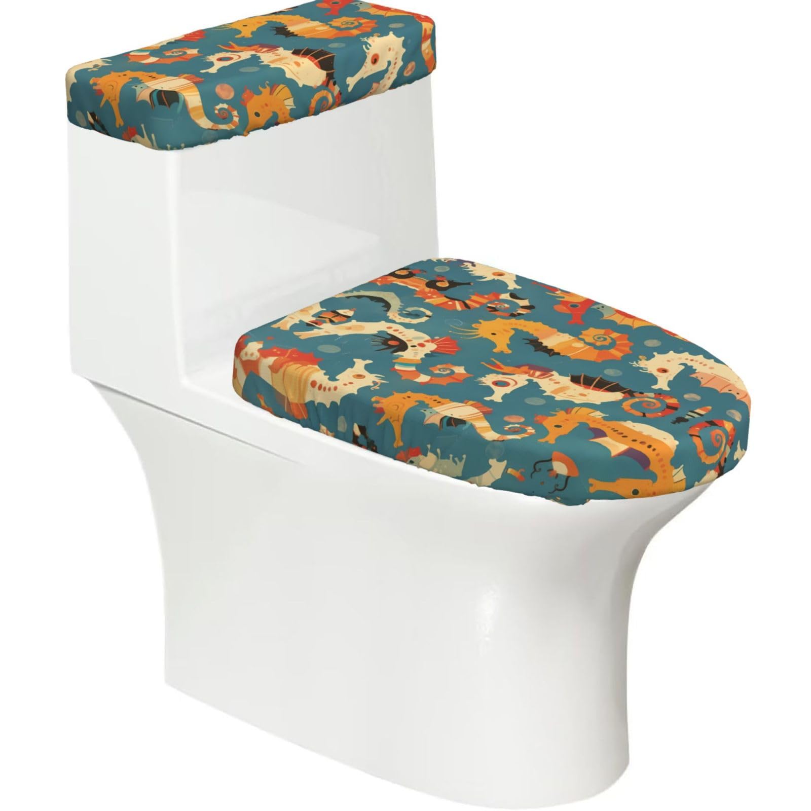 Wzycwb Black A Group Of Seahorses 2-Piece Toilet Seat Cover Set With Tank Lid, Elastic Fit For U-Shape & Elongated Toilets, Bathroom Decor, Housewarming Gift