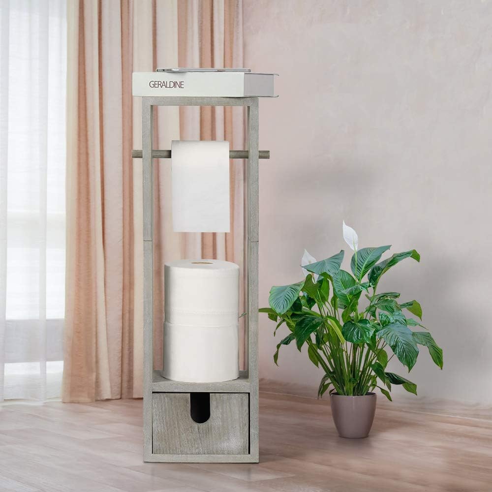 Toilet Tissue Holder Stand, Wood Toilet Tissue Paper Roll Holder Dispenser with Storage Drawer Decorative Freestanding Paper Storage, Rustic Grey