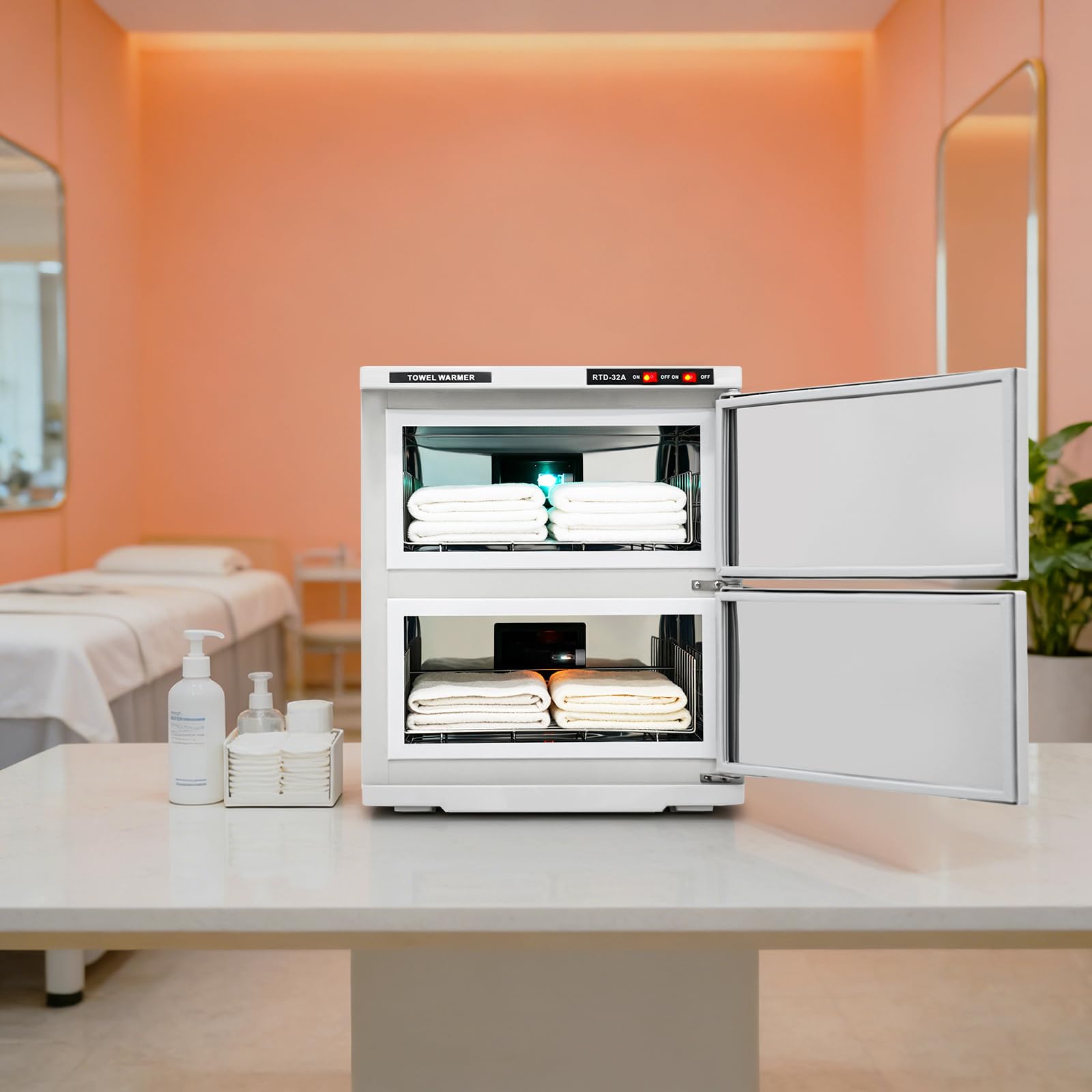 Calentador de toallas de 36 L, 2 puertas, con esterilización UV | Toallero desinfectante de gran capacidad, toallero con bandeja recogedora y asas, calentador de toallas para hotel
