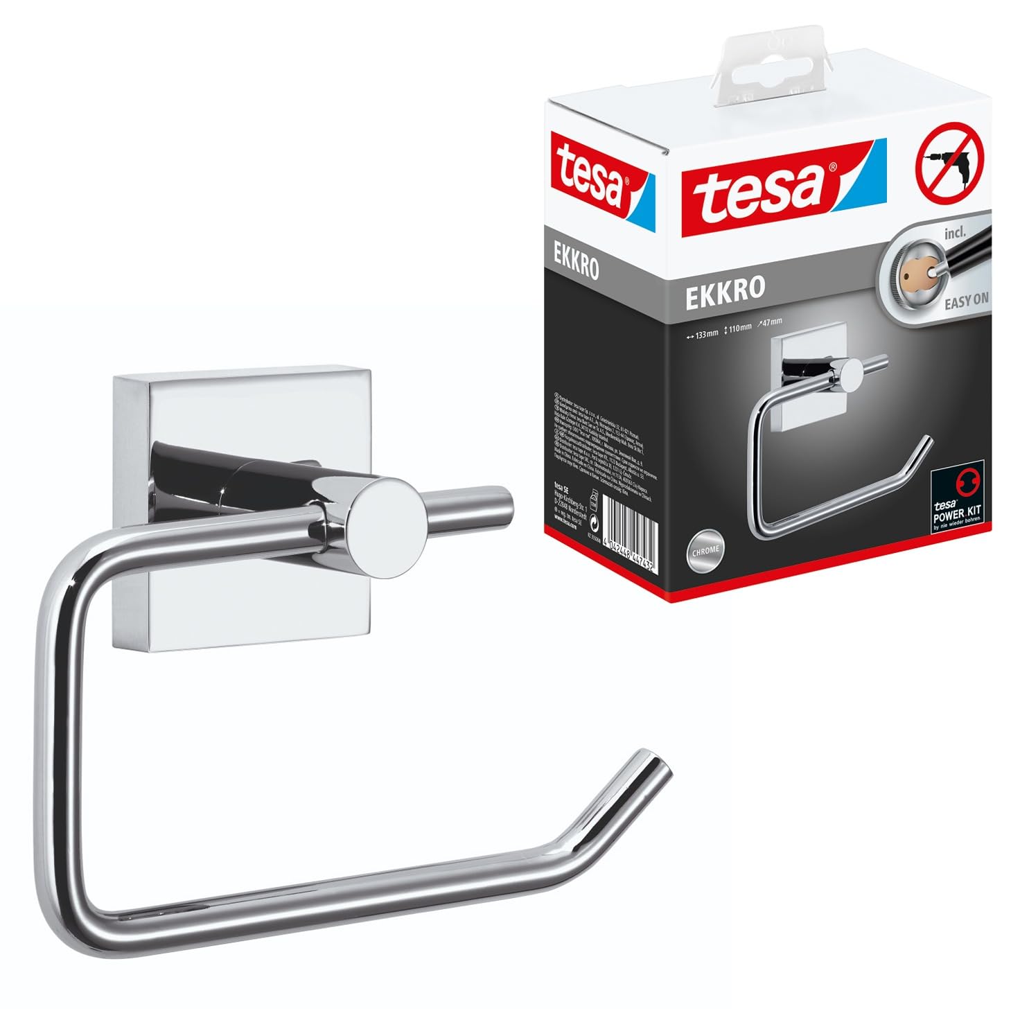 Tesa Uk Chrome Tesa® Ekkro Toilet Roll Holder, High Gloss D Metal, Self-Adhesive, Adhesive Mounting Technology, 110Mm X 133Mm X 47Mm