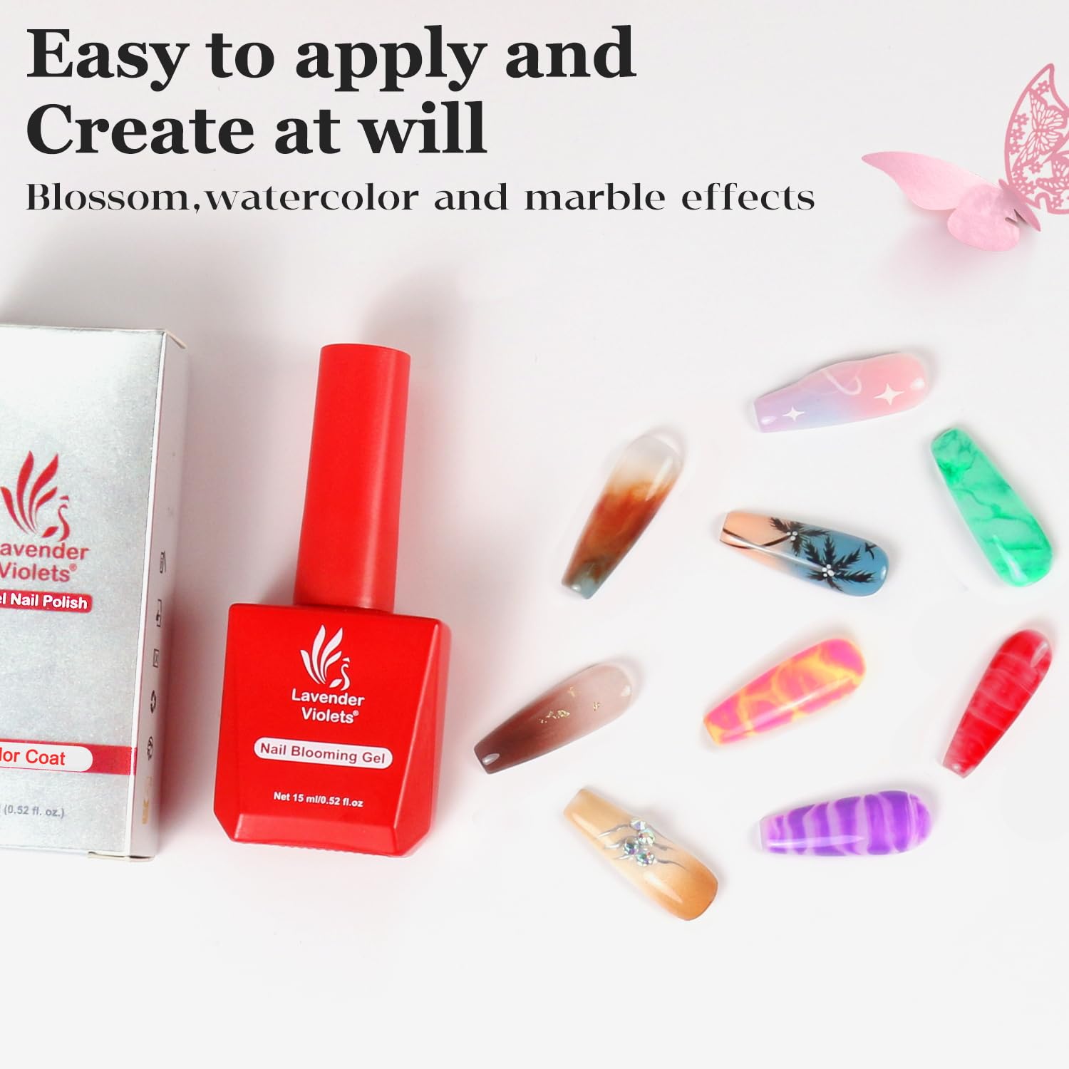 Lavender Violets 15ml Blooming Gel Nail Polish - Clear Blosom Gel Polish Soak Off for Spreading Graffiti Marble Flower Watercolor Floral Print Effects, Magical DIY Manicure A106