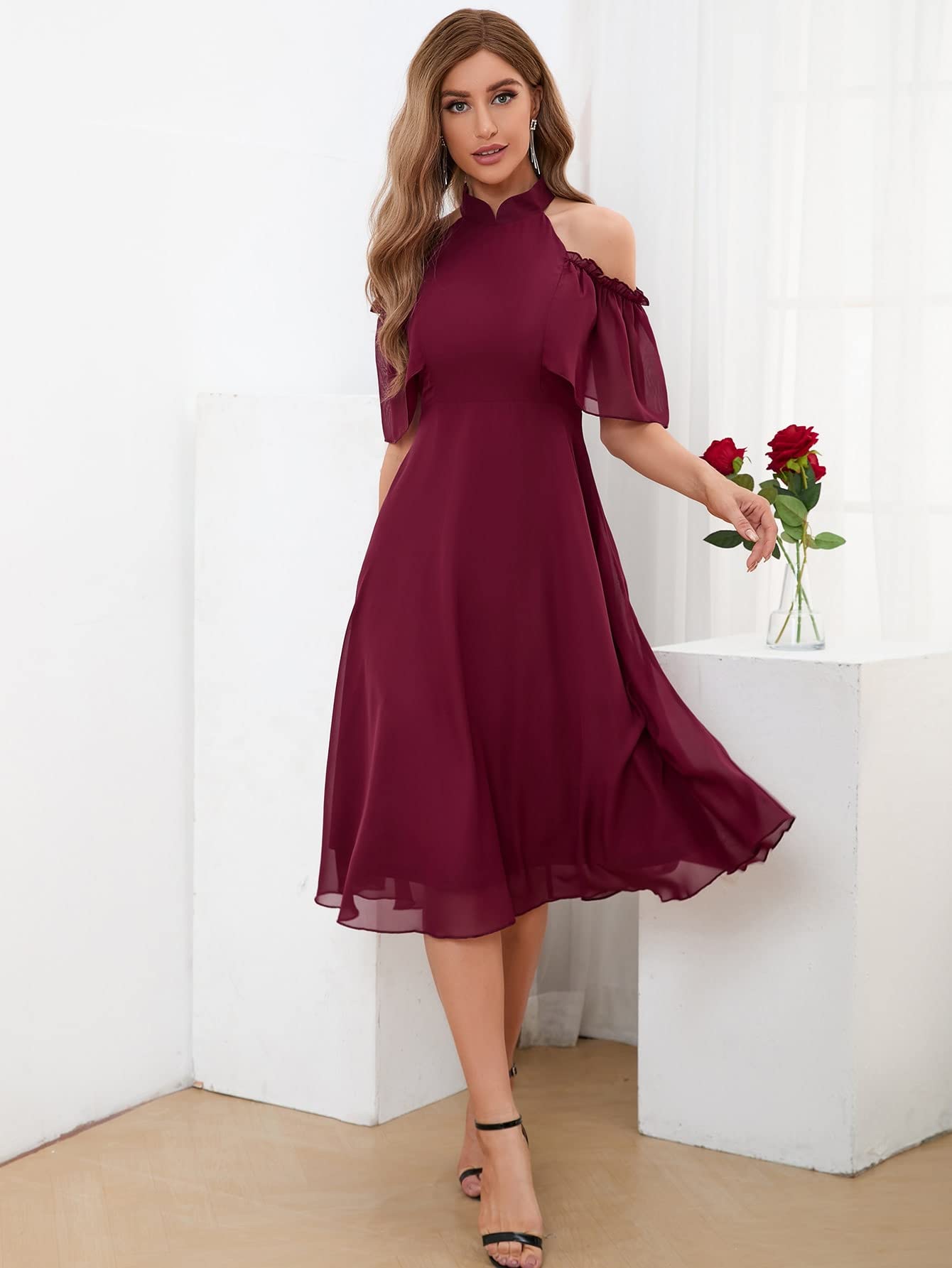 Amazon.com: Neeno Women's Dresses Cold Shoulder Frill Trim Chiffon Dress Dress for Women (Color : Burgundy, Size : Large) : Clothing, Shoes & Jewelry Amazon.com: Neeno Women's Dresses Cold Shoulder Frill Trim Chiffon Dress Dress for Women (Color : Burgundy, Size : Large) : Clothing, Shoes & Jewelry