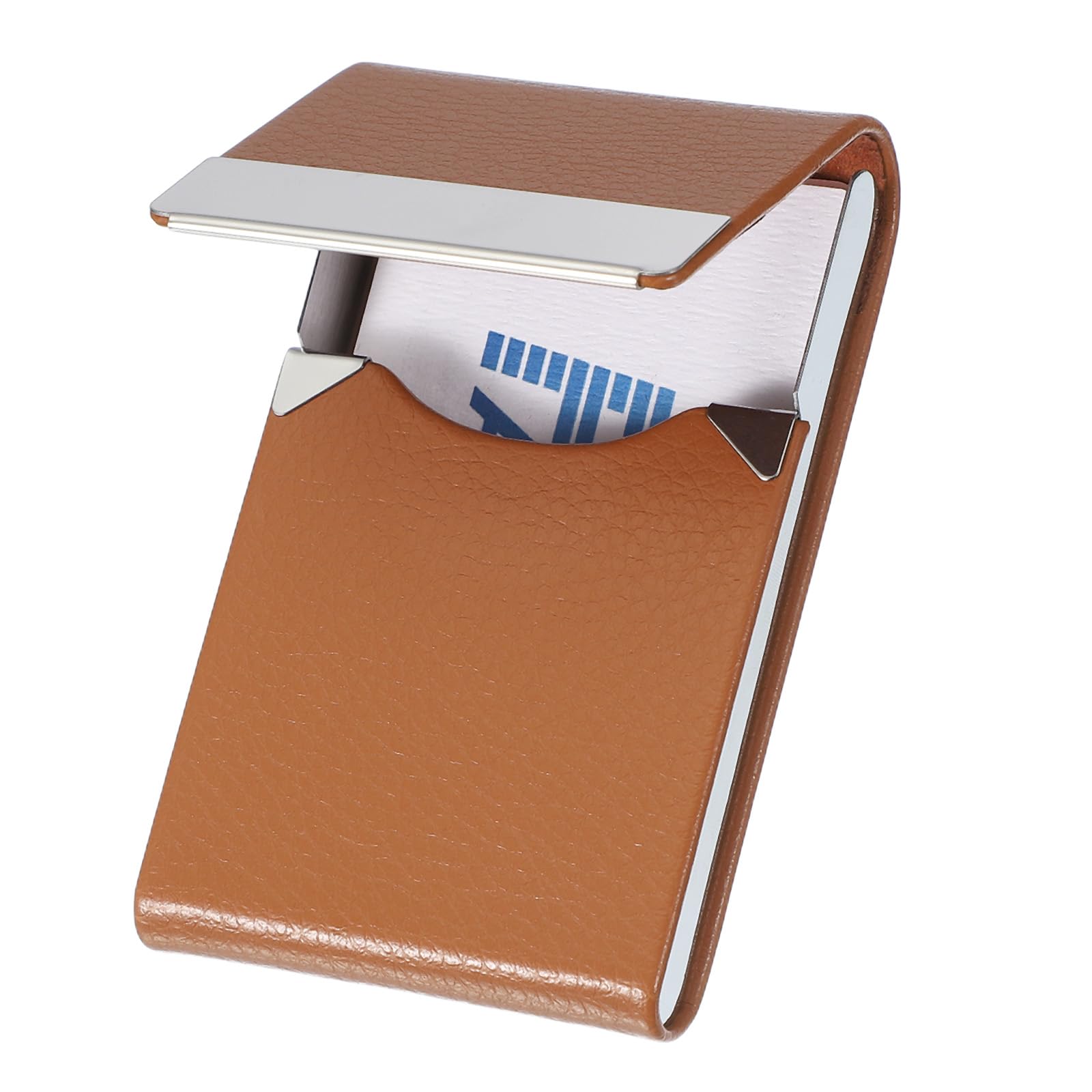 PATIKIL Business Card Holder, Metal PU Leather Slim Name Card Holder Case Pocket with Magnetic Shut for Office Credit, Litchi Grain/Light Brown