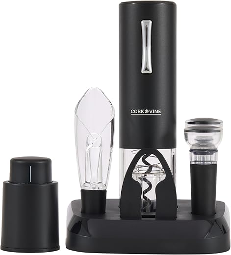 Cork & Vine Rechargeable 7-Piece Wine Set | Electric Wine Opener, Charging Base | Smart Wine Stopper, Wine Aerator, Wine Foil Cutter, Rechargeable Corkscrew, 2 Wine Stoppers Vacuum | Kitchen Gadgets