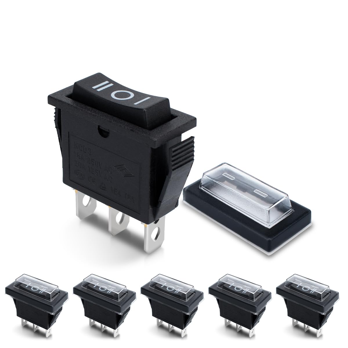 Innfeeltech 6 Pcs Mini Rocker Switch Black KCD3-101 3 Pin 3 Position Toggle Switch with 6 Waterproof Caps ON-OFF-ON