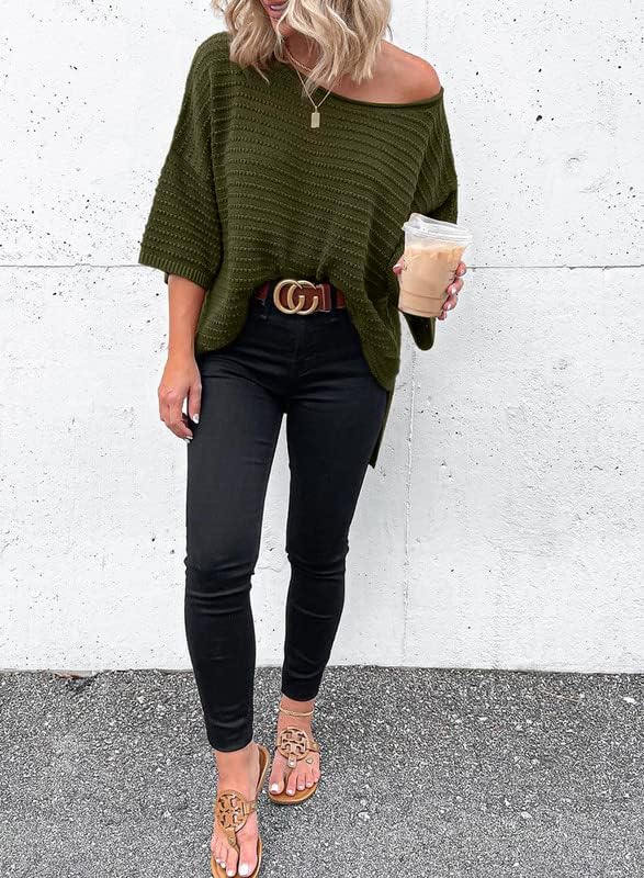 Cuptacc Pull Femme Manche 3/4 Col Rond Ample Femme Tricoté Pulls Chic et élégant – Image 4