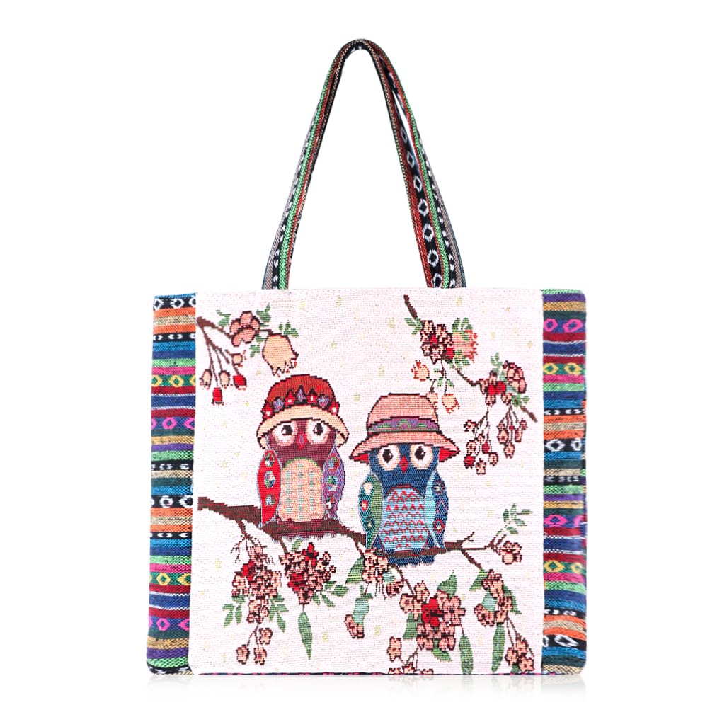 Oyachic Owl Aesthetic Tote Bag Hobo Canvas Tote Handbag with Zip Interior Pocket Reusable Shopping Shoulder Bag for Women gift flower Beach Grocery Bag