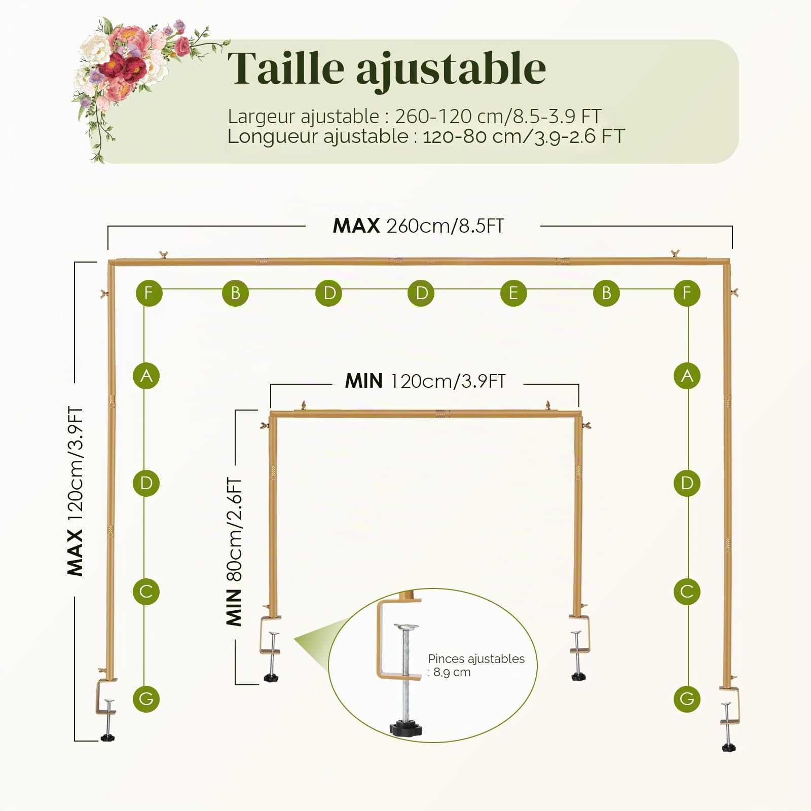 Arche de Table Réglable Or, Tige Décorative de Table avec Pinces, 120-260CM, Support d'arche de Table en Métal sur Table pour Noël, Mariage, Anniversaire, Décoration de Fête