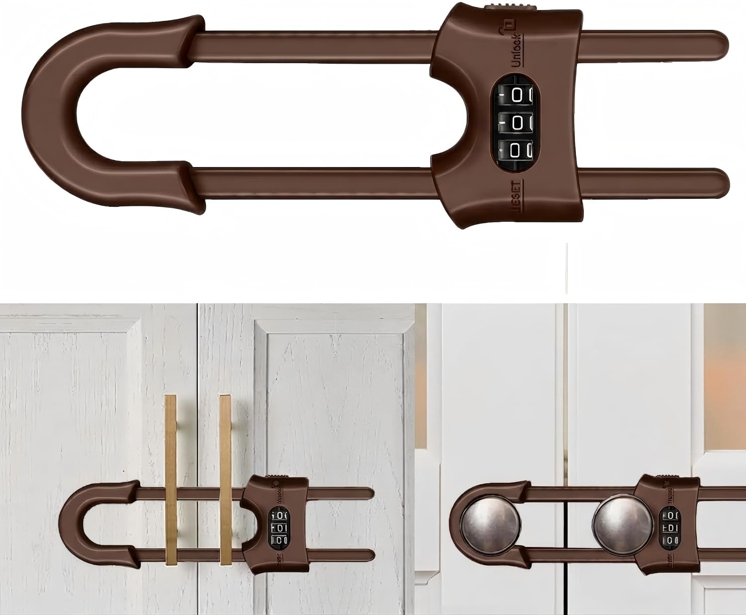 Cupboard Locks, Child Safety Sliding Cabinet Lock, U Shape Adjustable 3 Digit Password Combination Locks for Kitchen Cabinets and Cupboards, Install Without Drilling or Adhesive (Brown, 1 Pcs)