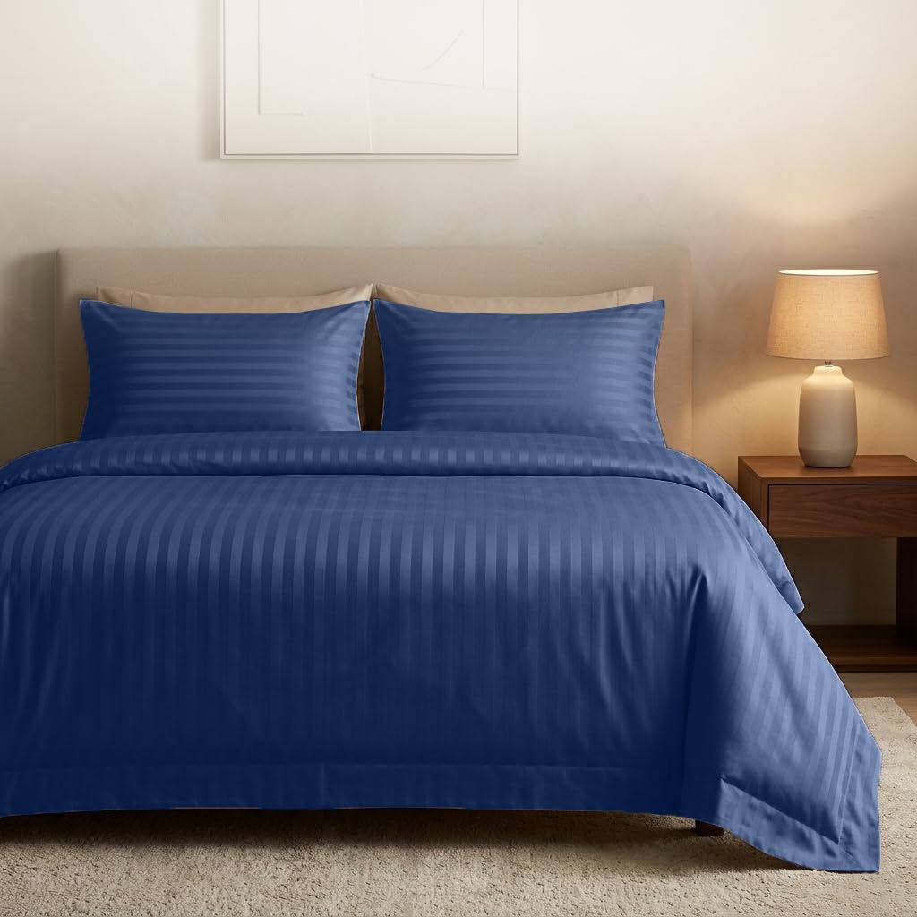 Casabella Satin Stripe Duvet Cover Sets, Luxurious Single Navy Bedding with Stripes,Single Duvet Cover Set,Hotel Quality Single Duvet Set & Pillowcases,Navy Satin Stripe Single Bedding Sets