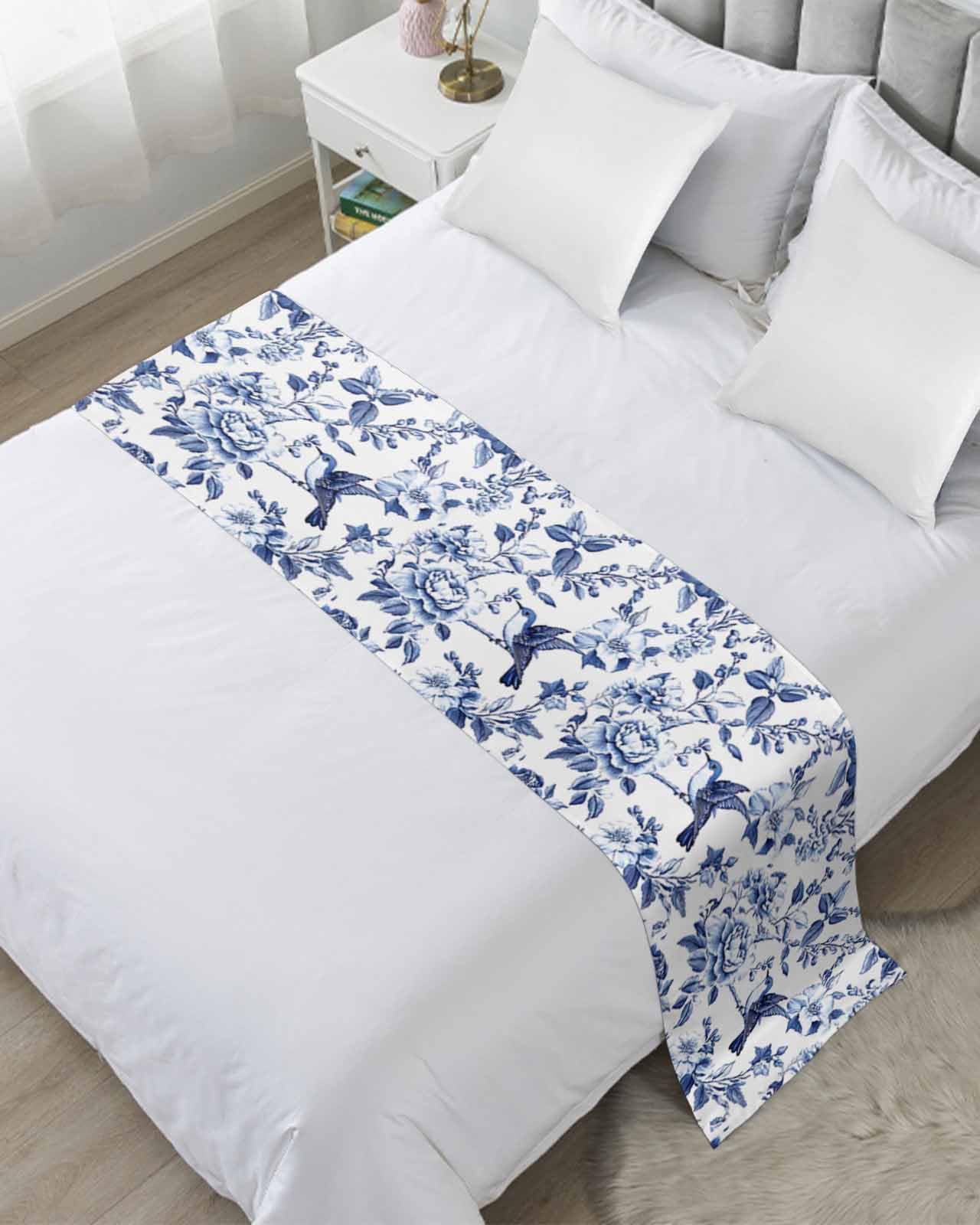 White Blue Spring Floral Bed Runner for Full/Queen Size, Summer Botanical Hummingbird Bedspread Protector Slipcover Bed Scarf for Foot Runners & Scarves for Bedroom Hotel Wedding Room 83x20 Inches