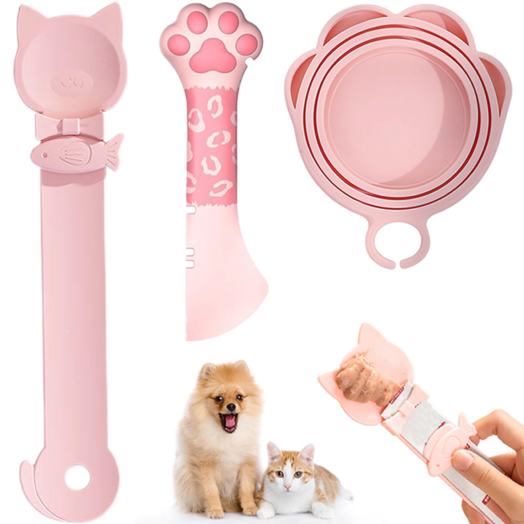PETPAWLOVELY-Cat&amp;Dog Food Can Covers Lids,Silicone Cat Food Spatula or Can Opener,Cat Treat Spoon.Multi-Function Cat Treat Dispenser Spoon,1 Lid&amp;2 Spoon for Wet Food(Pink)