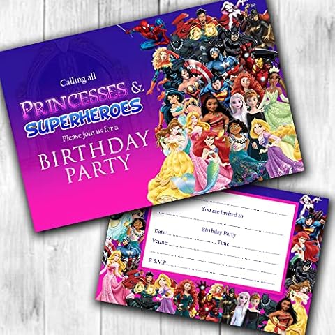 Princess & Superhero Party Invitations & Envelopes Birthday Invites (WRITE ON) Packs. (20 Invites & Envelopes) Cover