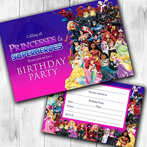 Princess & Superhero Party Invitations & Envelopes Birthday Invites (WRITE ON) Packs. (15 Invites & Envelopes)