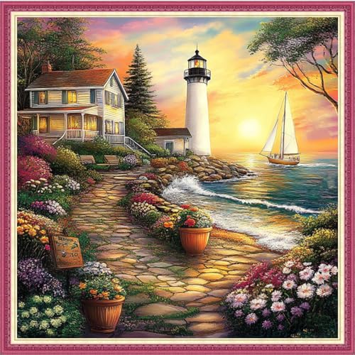 Image of Fanxvivy Stamped Cross Stitch Kits for Beginners Full Range of Cross Stitching Preprinted Embroidery Kits for Adults, 11CT Embroidery Pattern Needlepoint Kits-Seaside Lighthouse 18x18 inch