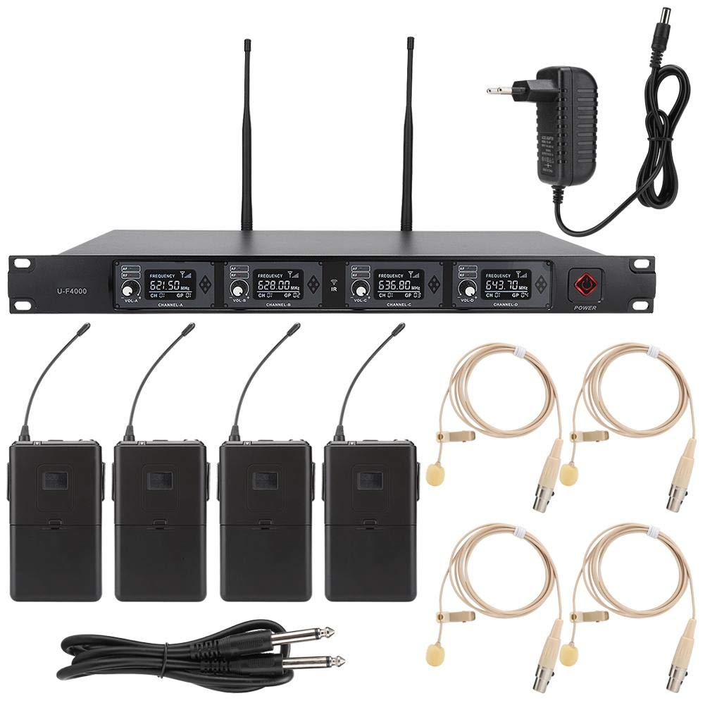 Garsent Sistema de micrófono inalámbrico, UHF 642,2~660,8 MHz 4 Canales micrófono de Solapa Conferencia inalámbrica Profesional para Iglesia, Bodas, reuniones, presentaciones, etc. (EU)