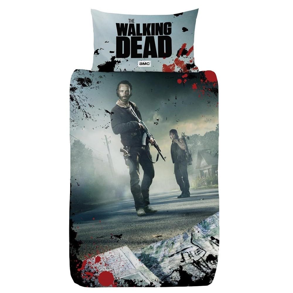 The Walking Dead New World Bettbezug für Einzelbett - Rick Grimes Daryl Dixon Design - wendbarer zweiseitiger Bettbezug mit passendem Kissenbezug