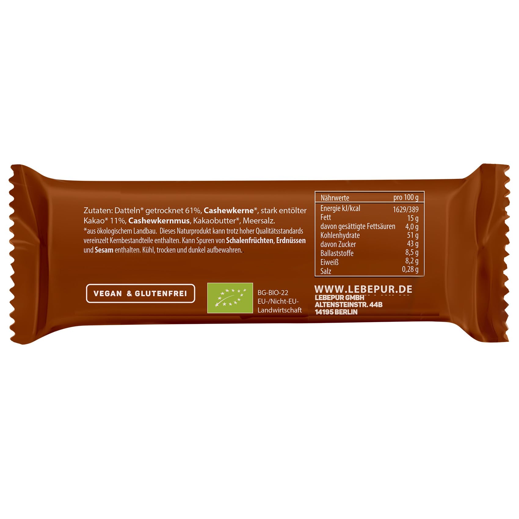 Lebepur Bio Energieriegel Brownie 15x50g | veganer Riegel auf Dattelbasis | Cashewkerne, Cashewmus, Kakao | ohne Zuckerzusatz | Rohkostriegel glutenfrei | laktosefrei | Power Bar | Großpackung