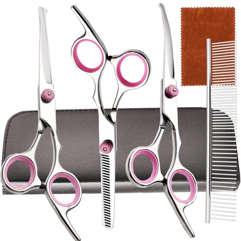 Dog Grooming Scissors - Professional Pet Grooming Kit with Flea Comb - Safety Round Tips Dog Thinning Scissors (Pink) Set of 6 - Image 2