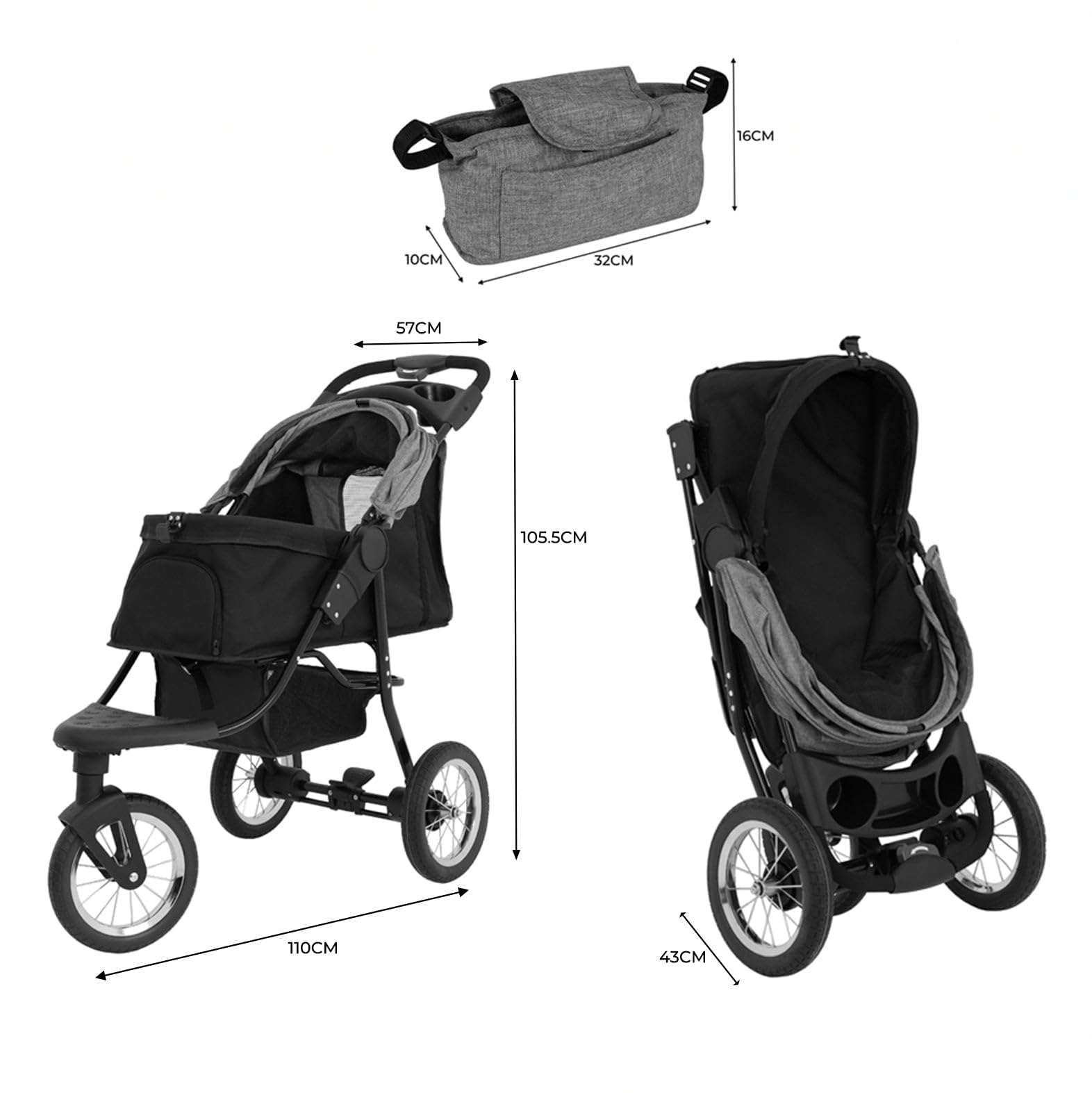 Faltbarer 3 Rad Buggy für Haustiere | Grau | Reise Jogger kleine bis mittelgroße Hunde Katzen bis 22kg | 3 schlauchlose Räder Netzbelüftung Korb Getränkehalter Caddy-Tasche Regenschutz