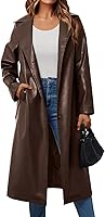 TrendyQueen Women's Faux Leather Long Trench Coat Jacket with Belt - Open Front Lapel Peacoat Blazer
