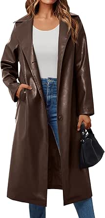 Trendy Queen Women's Long Faux Leather Trench Coat with Belt