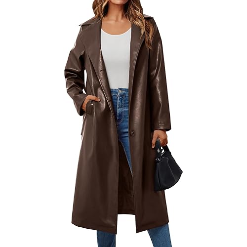 Trendy Queen Womens Long Lapel Faux Leather Jackets Trench Dress Coat Blazer Three Breasted Open Front Peacoat with Belt