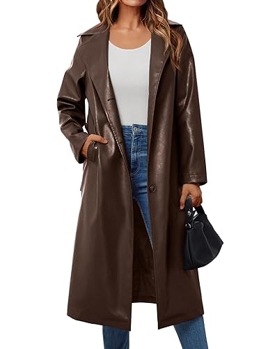 Trendy Queen Womens Long Lapel Faux Leather Jackets Trench Dress