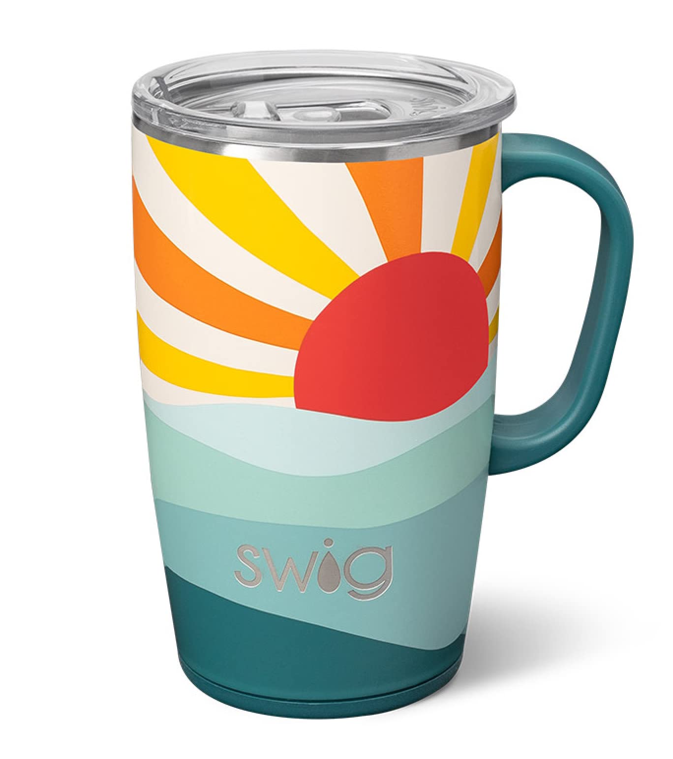Swig Life 18oz Travel Mug, Insulated Tumbler with Handle and Lid, Cup Holder Friendly, Dishwasher Safe, Stainless Steel, Travel Coffee Cup (Sun Dance)
